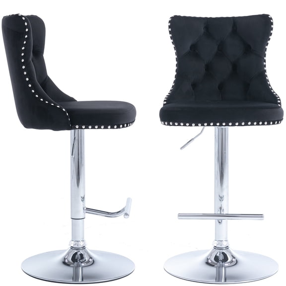 ODUSE-DAILY Black Velvet Bar Stools Set of 2 - Adjustable Swivel Counter Height Chairs with Tufted Back and Nailhead Trim for Kitchen Island Pub Restaurant (2Pcs, Chrome Metal, Black)