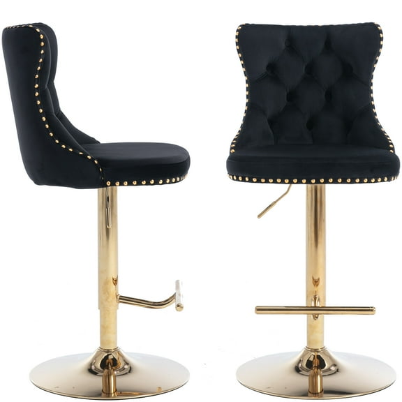 ODUSE-DAILY Black Velvet Bar Stools Set of 2 - Adjustable Swivel Counter Height Chairs with Tufted Back and Nailhead Trim for Kitchen Island Pub Restaurant (2Pcs, Gold Metal, Black)