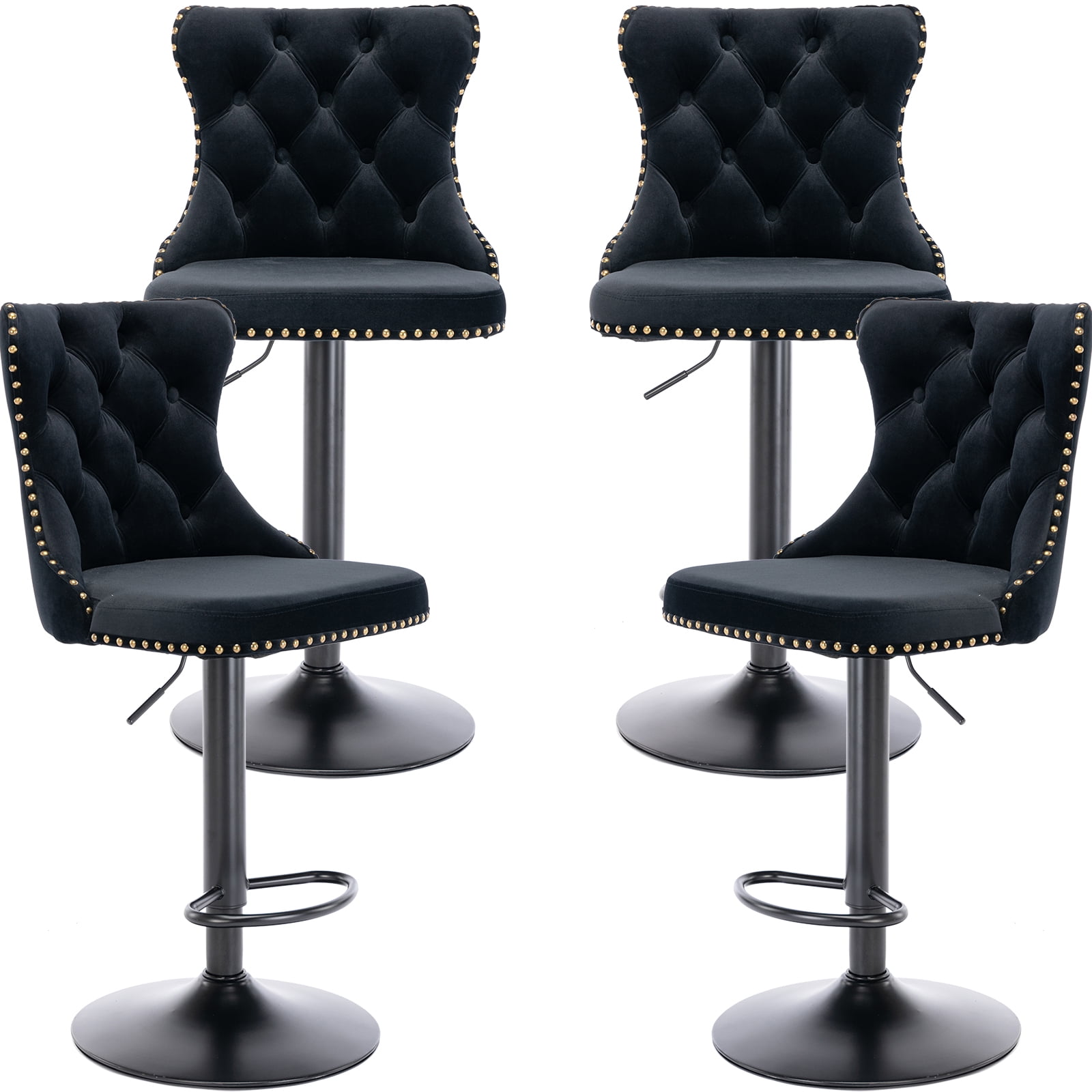 ODUSE-DAILY Set of 4 Black Velvet Bar Stools - Adjustable Swivel Dining ...