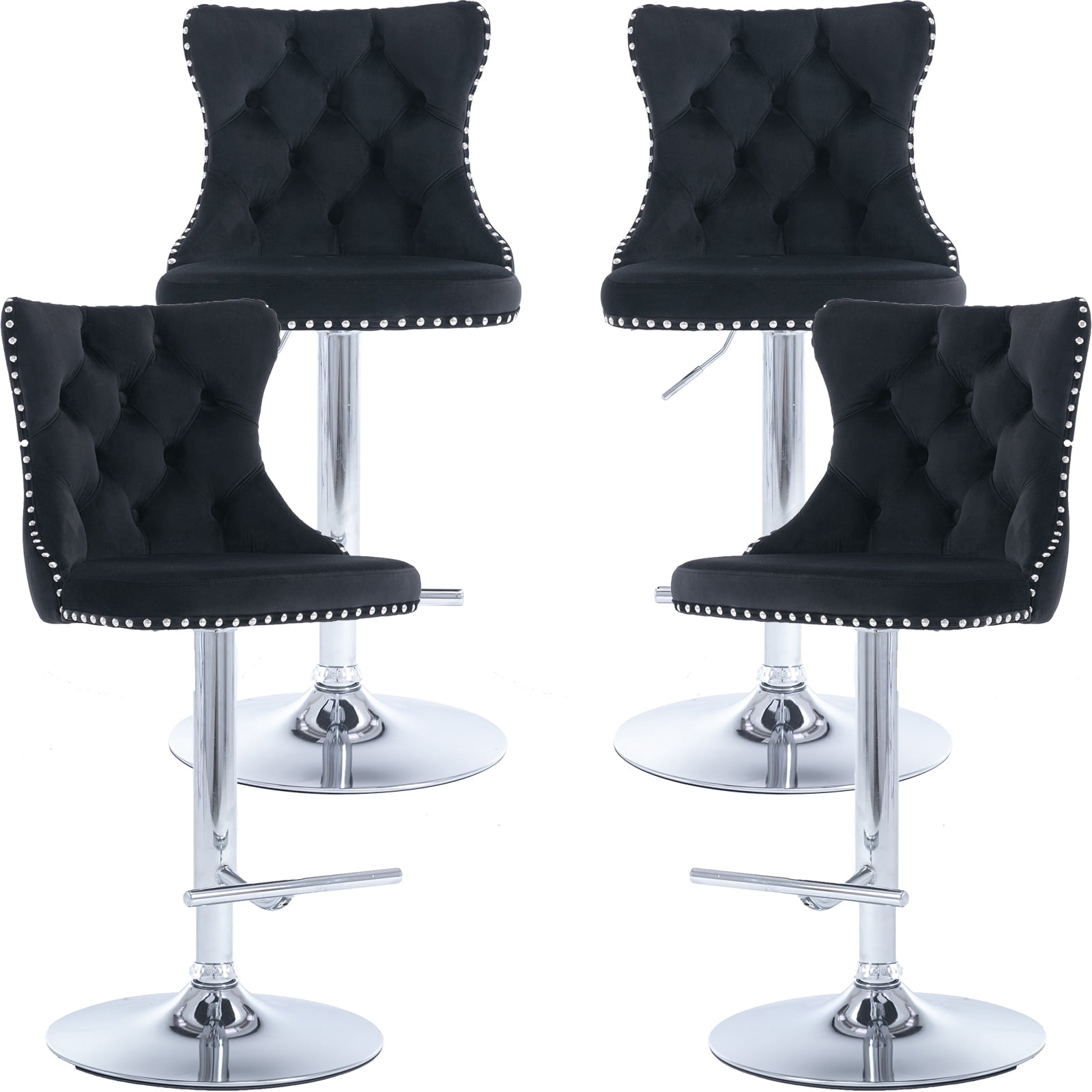 ODUSE-DAILY Black Velvet Bar Stools Set of 4 - Adjustable Swivel Counter Height Chairs with Tufted Back and Nailhead Trim for Kitchen Island Pub Restaurant (4Pcs, Chrome Metal, Black)