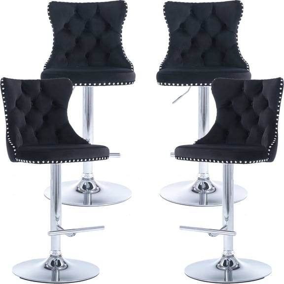 ODUSE-DAILY Black Velvet Bar Stools Set of 4 - Adjustable Swivel Counter Height Chairs with Tufted Back and Nailhead Trim for Kitchen Island Pub Restaurant (4Pcs, Chrome Metal, Black)
