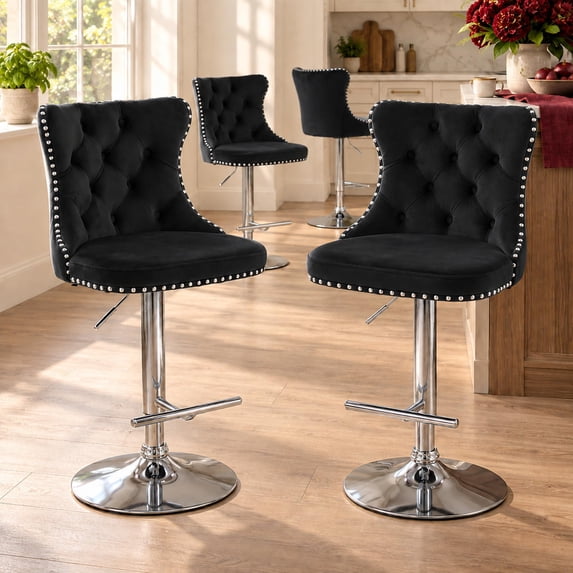 ODUSE-DAILY Black Velvet Bar Stools Set of 4 - Adjustable Swivel Counter Height Chairs with Tufted Back and Nailhead Trim for Kitchen Island Pub Restaurant (4Pcs, Chrome Metal, Black)