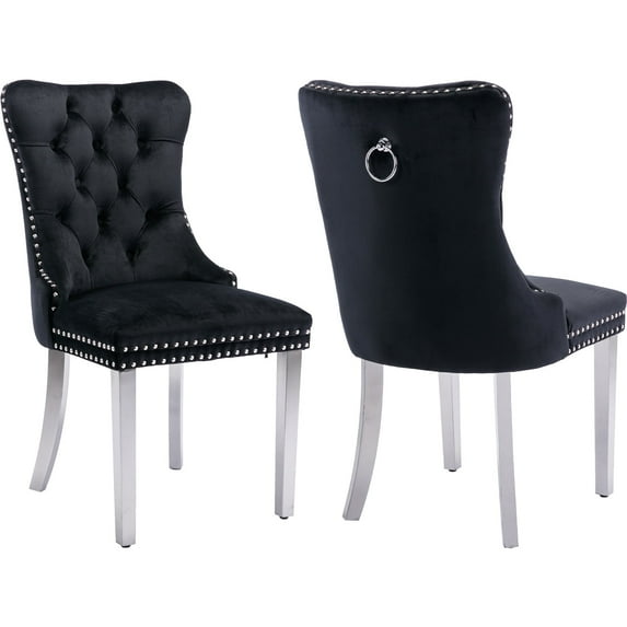 ODUSE-DAILY Black Velvet Dining Chairs Set of 2, Kitchen & Dining Room Chairs, Nailheads Tufted, Sillas De Comedor, Fabric Upholstered, Silver Chrome Metal Legs (Black, 2 Pcs)