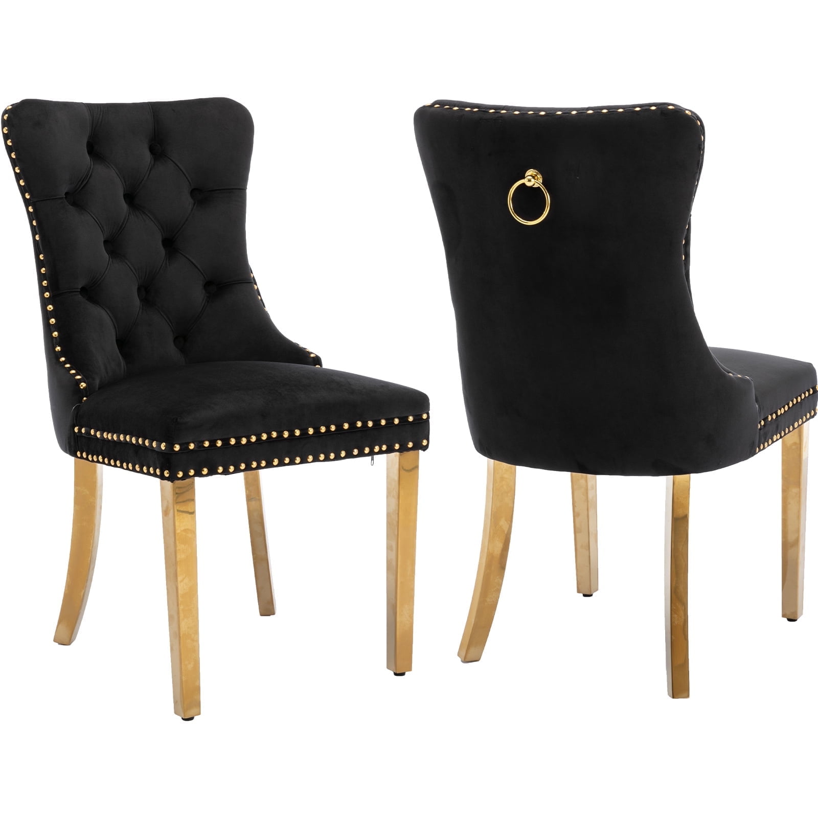 Black Velvet Upholstered Dining Chairs with Gold Legs, Set of 2