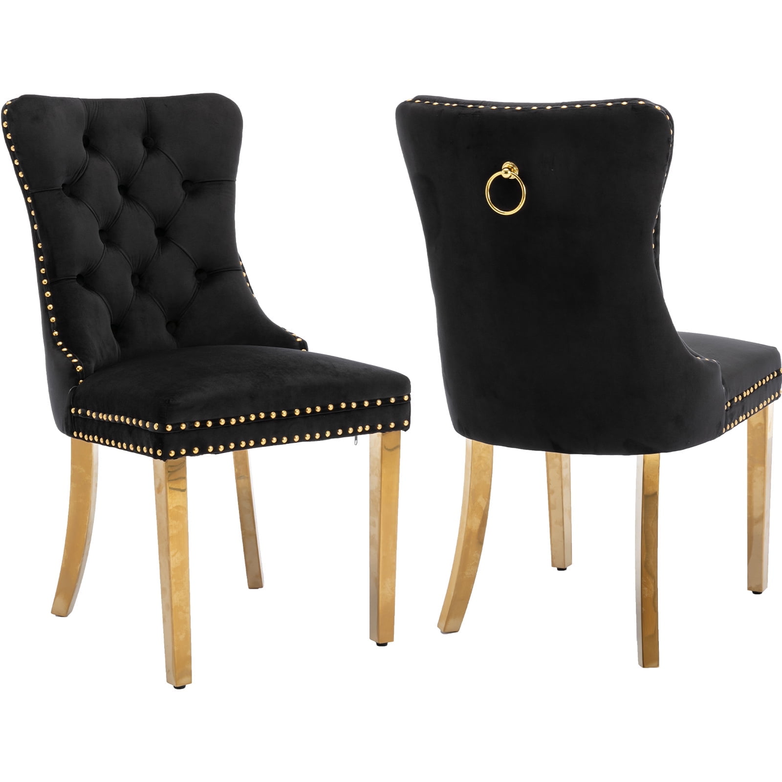Black Velvet Upholstered Dining Chairs with Gold Legs, Set of 2