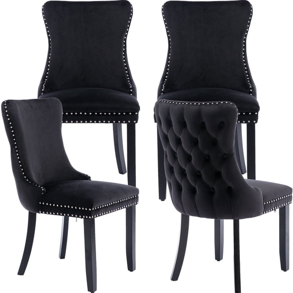 ODUSE-DAILY Black Velvet Dining Chairs Set of 4, Kitchen & Dining Room Chairs, Sillas De Comedor, Nailheads Tufted, Fabric Upholstered, Solid Wood Frame (Black, 4 Pcs)