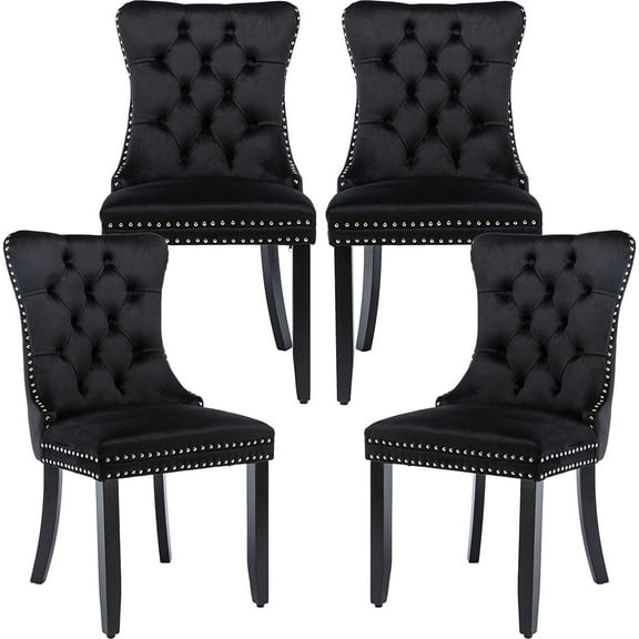ODUSE-DAILY Black Velvet Dining Chairs Set of 4, Kitchen & Dining Room Chairs, Sillas De Comedor, Nailheads Tufted, Velvet Upholstered, Solid Wood (Black, 4 Pcs)