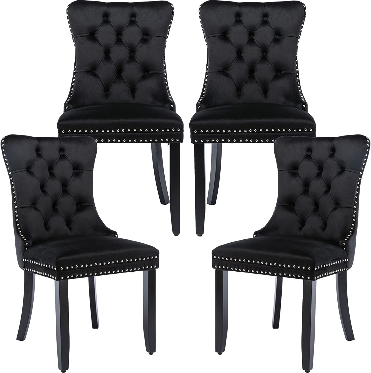 ODUSE-DAILY Black Velvet Dining Chairs Set of 4, Kitchen & Dining Room Chairs, Sillas De Comedor, Nailheads Tufted, Velvet Upholstered, Solid Wood (Black, 4 Pcs)