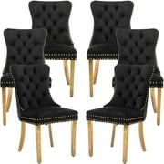 ODUSE-DAILY Black Velvet Dining Chairs Set of 6, Kitchen & Dining Room Chairs, Nailheads Tufted, Sillas De Comedor, Fabric Upholstered, Golden Metal Legs Black, 6 Pcs