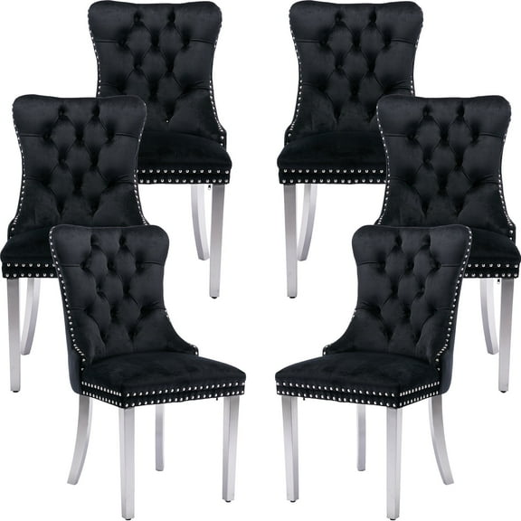 ODUSE-DAILY Black Velvet Dining Chairs Set of 6, Kitchen & Dining Room Chairs, Nailheads Tufted, Sillas De Comedor, Fabric Upholstered, Silver Chrome Metal Legs (Black, 6 Pcs)