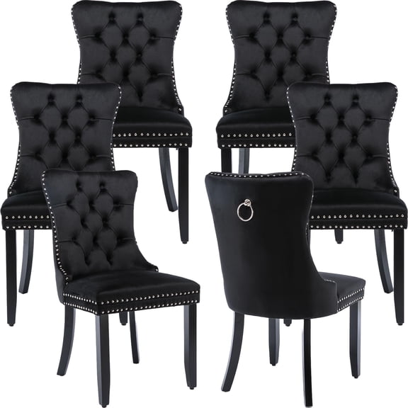 ODUSE-DAILY Black Velvet Dining Chairs Set of 6, Kitchen & Dining Room Chairs, Sillas De Comedor, Nailheads Tufted, Velvet Upholstered, Solid Wood (Black, 6 Pcs)