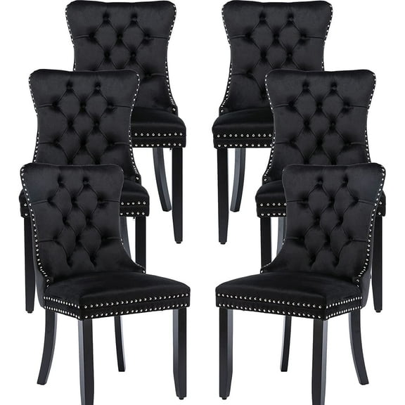 ODUSE-DAILY Black Velvet Dining Chairs Set of 6, Kitchen & Dining Room Chairs, Sillas De Comedor, Nailheads Tufted, Velvet Upholstered, Solid Wood (Black, 6 Pcs)