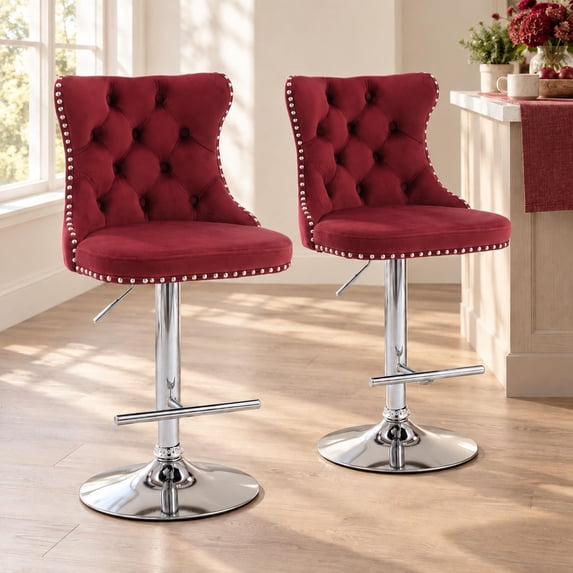ODUSE-DAILY Burgundy Velvet Bar Stools Set of 2 - Adjustable Swivel Wine Red Counter Height Chairs with Tufted Back and Nailhead Trim for Kitchen Island (Wine Red, Chrome Metal, 2 Pcs)