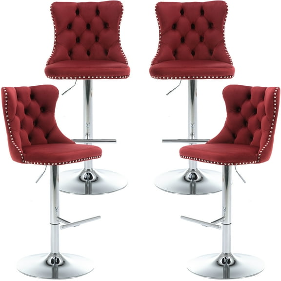 ODUSE-DAILY Burgundy Velvet Bar Stools Set of 4 - Adjustable Swivel Wine Red Counter Height Chairs with Tufted Back and Nailhead Trim for Kitchen Island (Wine Red, Chrome Metal, 4 Pcs)