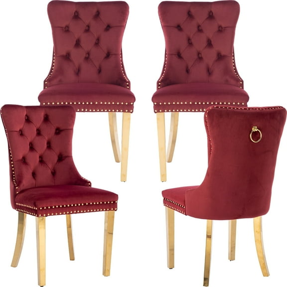 ODUSE-DAILY Burgundy Velvet Dining Chairs Set of 4, Kitchen & Dining Room Chairs, Nailheads Tufted Chair, Sillas De Comedor, Fabric Upholstered, Golden Metal Legs (Wine Red, 4 Pcs)