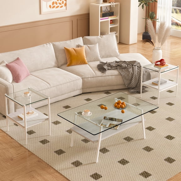 ODUSE-DAILY Coffee Table and End Table 3 Piece Living Room Set, White Metal Frame Glass Top End Tables, Square Top Shelf, Sofa or Couch Side Tables, Mesa de Centro para Sala (3 Pcs,Straight Legs)