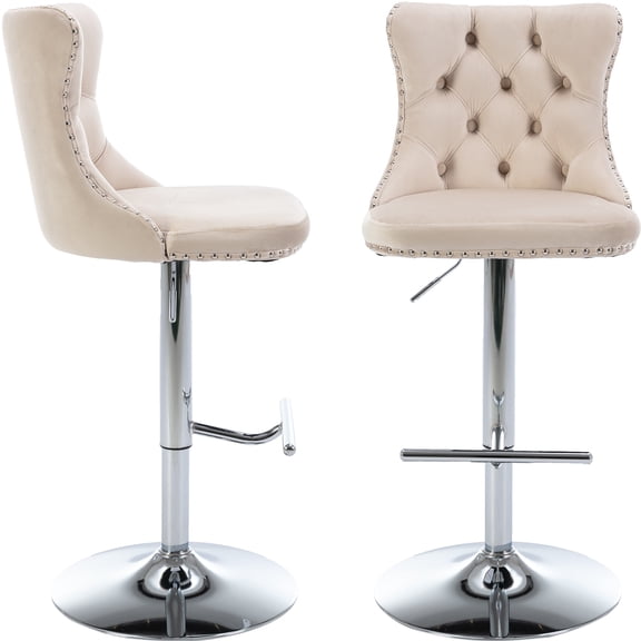 ODUSE-DAILY Cream Velvet Bar Stools Set of 2 - Adjustable Swivel Ivory Counter Height Chairs with Tufted Back and Nailhead Trim for Kitchen Island (2Pcs, Chrome Metal, Beige)