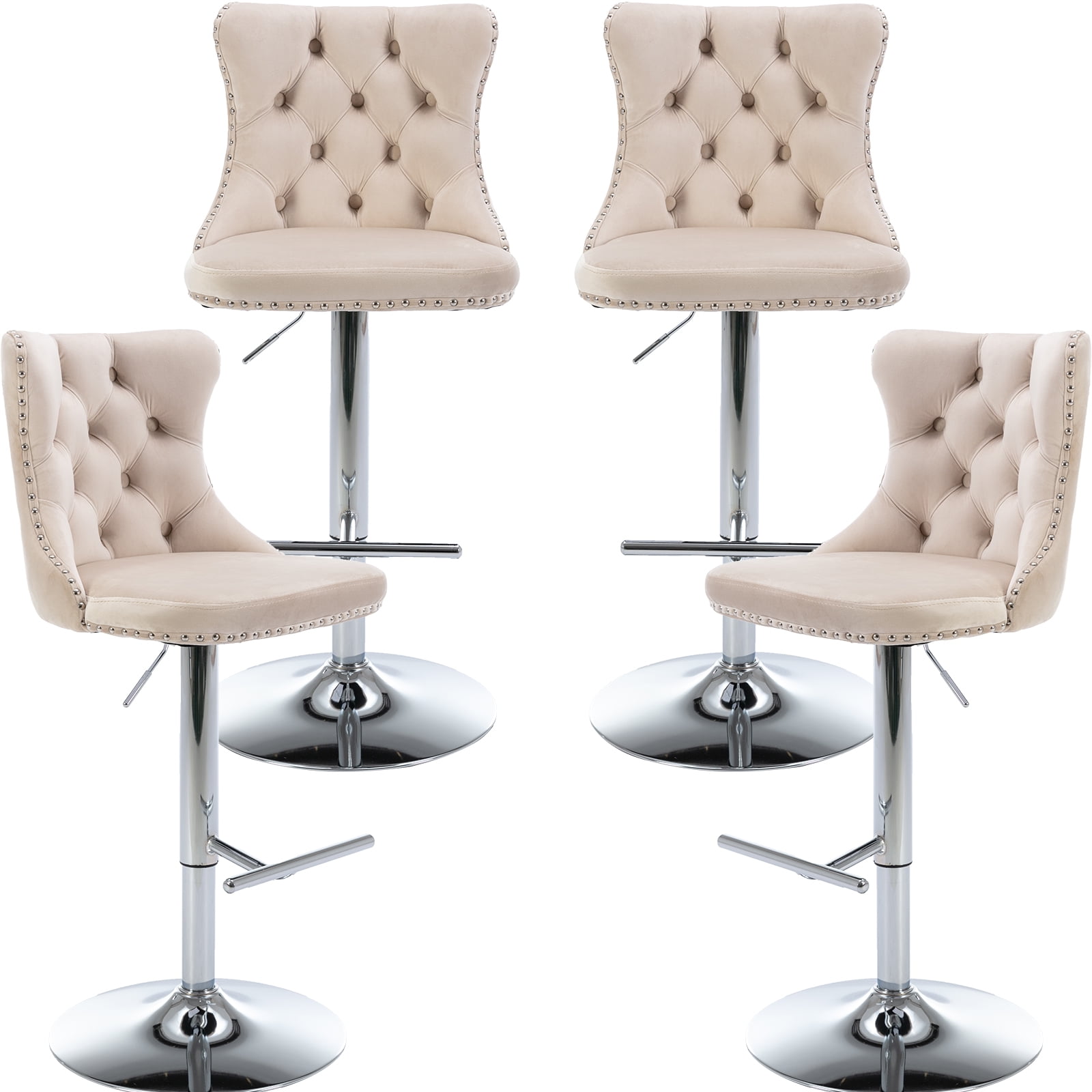 Beige Velvet Swivel Bar Stools with Chrome Base, Set of 2