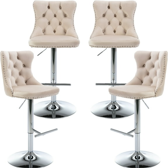 ODUSE-DAILY Cream Velvet Bar Stools Set of 2 - Adjustable Swivel Ivory Counter Height Chairs with Tufted Back and Nailhead Trim for Kitchen Island (4Pcs, Chrome Metal, Beige)