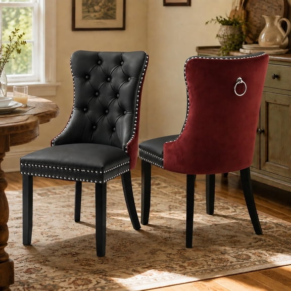 ODUSE-DAILY Dining Chairs Set of 2, Kitchen & Dining Room Chairs, Nailheads Tufted Chair, Sillas De Comedor, Black PU & Burgundy Velvet Upholstered, Wood Legs (Two-Tone, 2 Pcs)