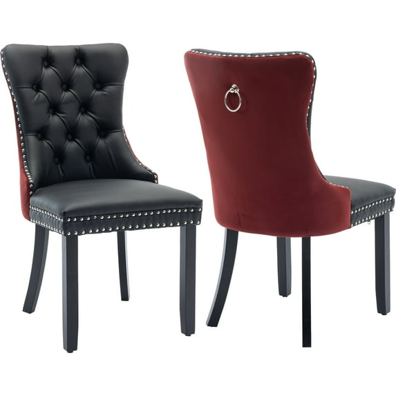 ODUSE-DAILY Dining Chairs Set of 2, Kitchen & Dining Room Chairs, Nailheads Tufted Chair, Sillas De Comedor, Black PU & Burgundy Velvet Upholstered, Wood Legs (Two-Tone, 2 Pcs)