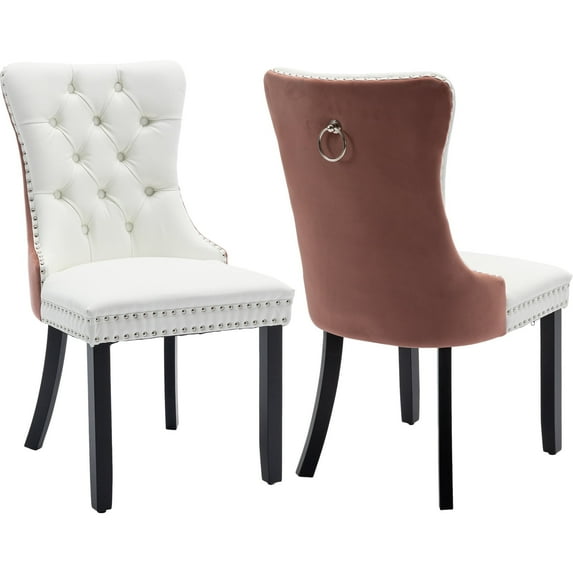 ODUSE-DAILY Dining Chairs Set of 2, Kitchen & Dining Room Chairs, Nailheads Tufted Chair, Sillas De Comedor, White PU & Pink Velvet Upholstered, Wood Legs (Two-Tone, 2 Pcs)