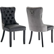 ODUSE-DAILY Dining Chairs Set of 2, Kitchen & Dining Room Chairs, Nailheads Tufted, Sillas De Comedor, Black PU & Gray Velvet Upholstered, Wood Legs Two-Tone, 2 Pcs