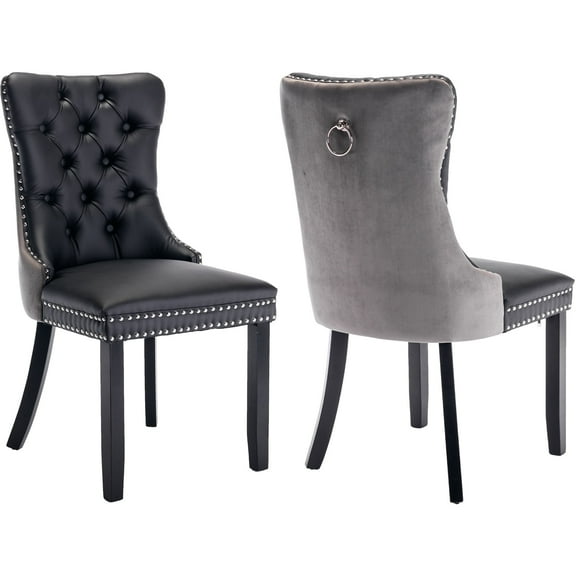 ODUSE-DAILY Dining Chairs Set of 2, Kitchen & Dining Room Chairs, Nailheads Tufted, Sillas De Comedor, Black PU & Gray Velvet Upholstered, Wood Legs (Two-Tone, 2 Pcs)