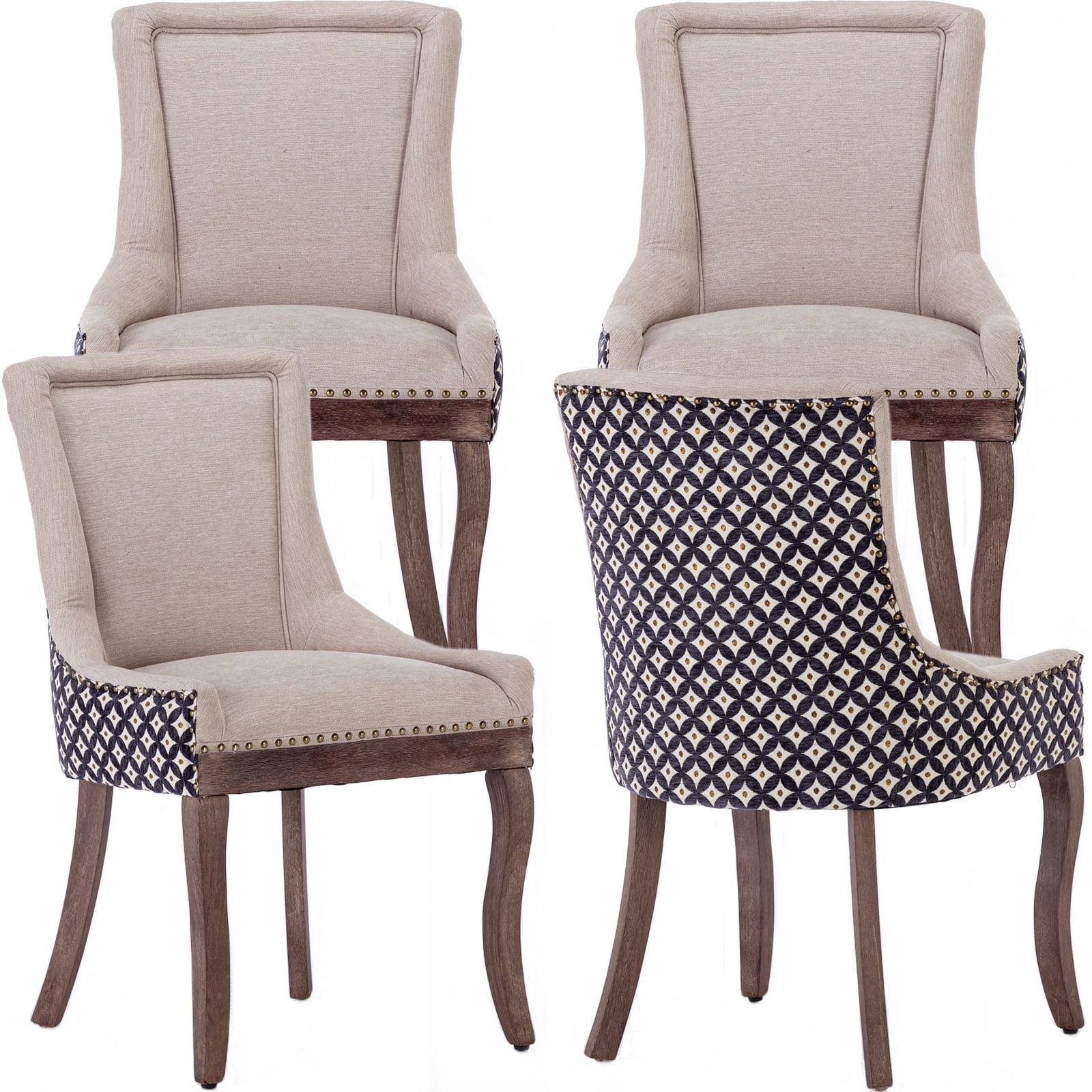 ODUSE-DAILY Dining Chairs Set of 4, Kitchen & Dining Room Chairs, Fabric Upholstered Dinning Chairs, Wooden Dining Table Chairs, Sillas De Comedor, Nailhead Trim, Wood Legs (Beige,Pattern, 4 Pcs)
