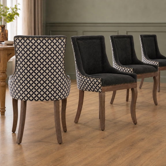 ODUSE-DAILY Dining Chairs Set of 4, Kitchen & Dining Room Chairs, Fabric Upholstered Dinning Chairs, Wooden Dining Table Chairs, Sillas De Comedor, Nailhead Trim, Wood Legs (Black,Pattern, 4 Pcs)