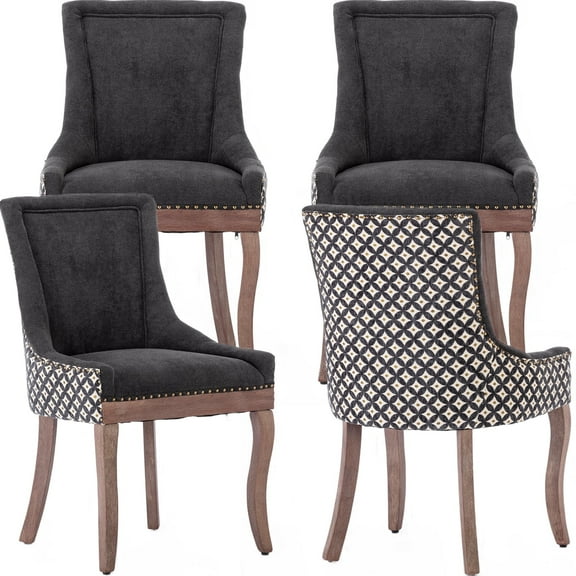ODUSE-DAILY Dining Chairs Set of 4, Kitchen & Dining Room Chairs, Fabric Upholstered Dinning Chairs, Wooden Dining Table Chairs, Sillas De Comedor, Nailhead Trim, Wood Legs (Black,Pattern, 4 Pcs)