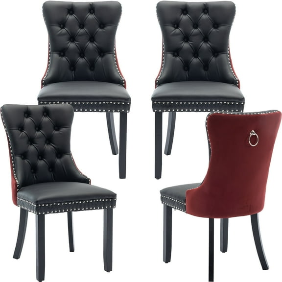ODUSE-DAILY Dining Chairs Set of 4, Kitchen & Dining Room Chairs, Nailheads Tufted Chair, Sillas De Comedor, Black PU & Burgundy Velvet Upholstered, Wood Legs (Two-Tone, 4 Pcs)