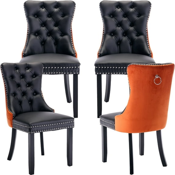 ODUSE-DAILY Dining Chairs Set of 4, Kitchen & Dining Room Chairs, Nailheads Tufted, Sillas De Comedor, Black PU & Orange Velvet Upholstered, Wood Legs (Two-Tone, 4 Pcs)
