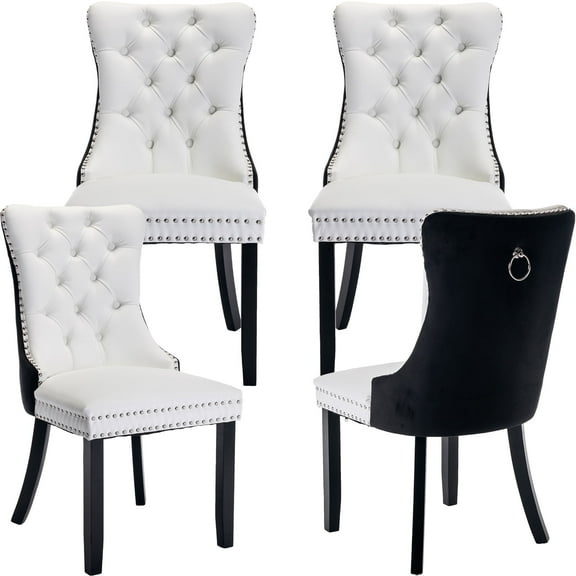 ODUSE-DAILY Dining Chairs Set of 4, Kitchen & Dining Room Chairs, Nailheads Tufted, Sillas De Comedor, White PU & Black Velvet Upholstered, Wood Legs (Two-Tone, 4 Pcs)