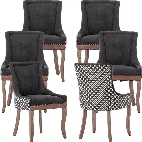 ODUSE-DAILY Dining Chairs Set of 6, Kitchen & Dining Room Chairs, Fabric Upholstered Dinning Chairs, Wooden Dining Table Chairs, Sillas De Comedor, Nailhead Trim, Wood Legs (Black,Pattern, 6 Pcs)