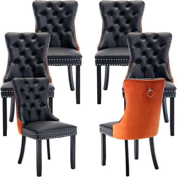 ODUSE-DAILY Dining Chairs Set of 6, Kitchen & Dining Room Chairs, Nailheads Tufted, Sillas De Comedor, Black PU & Orange Velvet Upholstered, Wood Legs (Two-Tone, 6 Pcs)