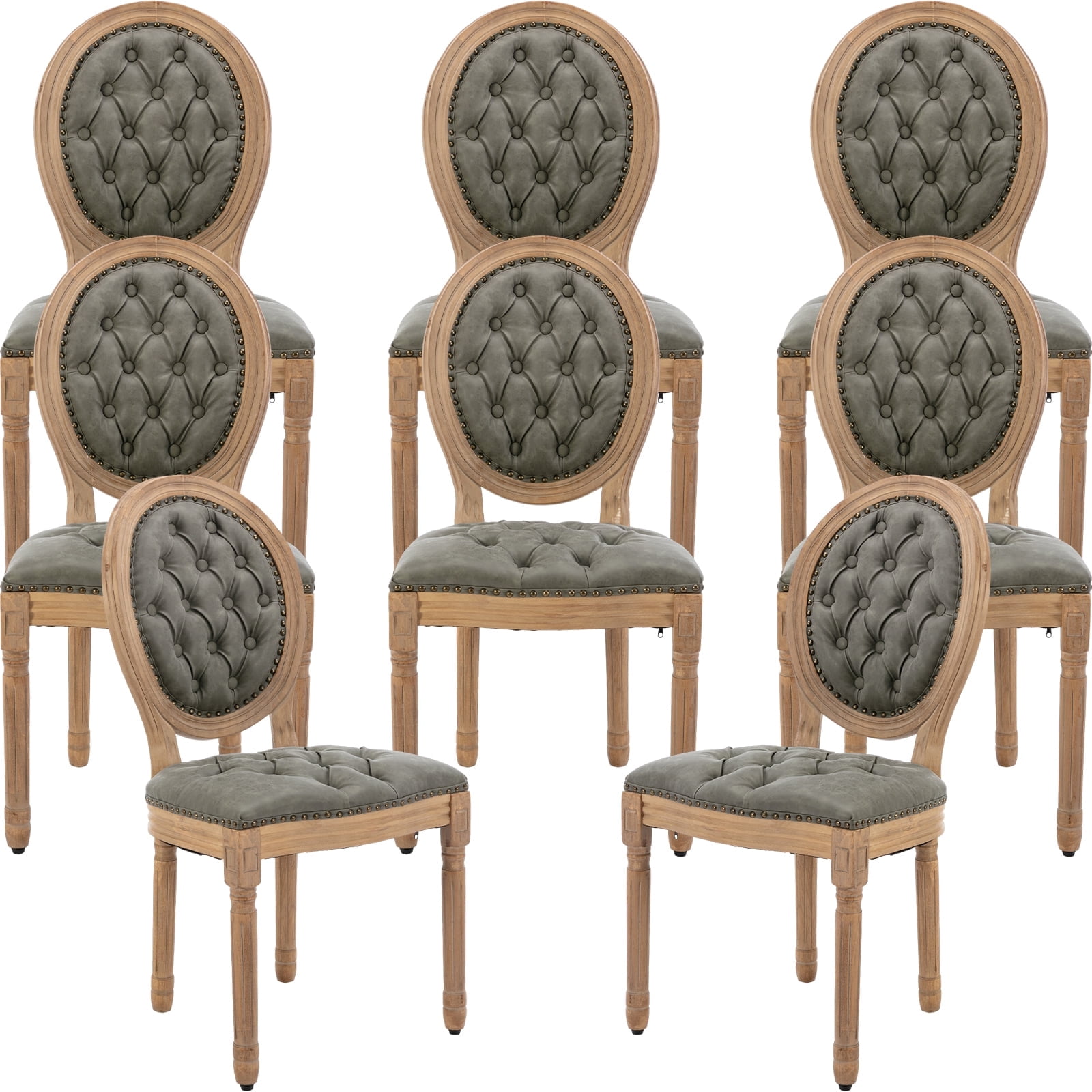ODUSE-DAILY French Country Dining Chairs Set of 8, Olive Kitchen & Dining Room Chairs, Faux Leather Kitchen Chairs, Tufted Upholstered, Wood Legs, Sillas De Comedor (PU, Pine Green, 8Pcs)