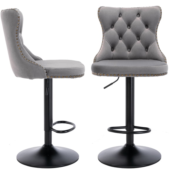 ODUSE-DAILY Gray Velvet Bar Stools Set of 2 - Adjustable Swivel Counter Height Chairs with Tufted Back and Nailhead Trim for Kitchen Island Pub Restaurant (2Pcs, Black Metal, Grey)