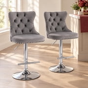 ODUSE-DAILY Gray Velvet Bar Stools Set of 2 - Adjustable Swivel Counter Height Chairs with Tufted Back and Nailhead Trim for Kitchen Island Pub Restaurant 2Pcs, Chrome Metal, Grey