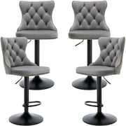 ODUSE-DAILY Gray Velvet Bar Stools Set of 4 - Adjustable Swivel Counter Height Chairs with Tufted Back and Nailhead Trim for Kitchen Island Pub Restaurant 4Pcs, Black Metal, Grey