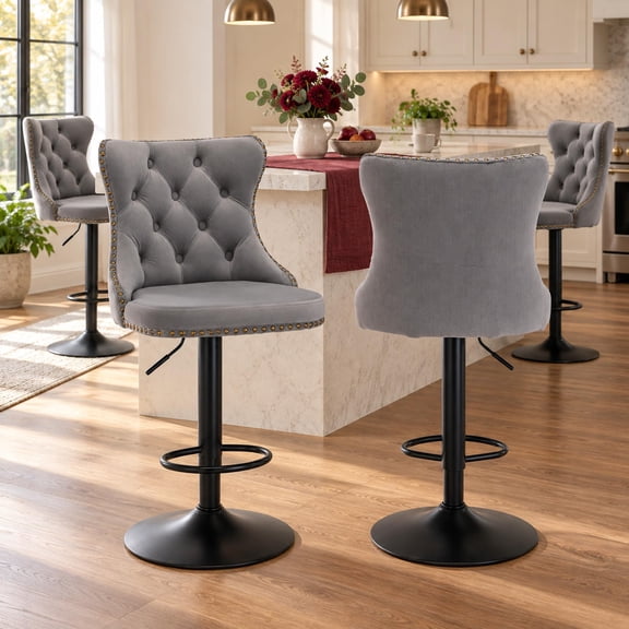 ODUSE-DAILY Gray Velvet Bar Stools Set of 4 - Adjustable Swivel Counter Height Chairs with Tufted Back and Nailhead Trim for Kitchen Island Pub Restaurant (4Pcs, Black Metal, Grey)