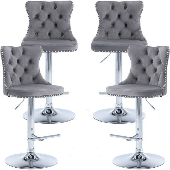 ODUSE-DAILY Gray Velvet Bar Stools Set of 4 - Adjustable Swivel Counter Height Chairs with Tufted Back and Nailhead Trim for Kitchen Island Pub Restaurant (4Pcs, Chrome Metal, Grey)