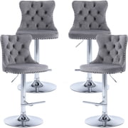 ODUSE-DAILY Gray Velvet Bar Stools Set of 4 - Adjustable Swivel Counter Height Chairs with Tufted Back and Nailhead Trim for Kitchen Island Pub Restaurant 4Pcs, Chrome Metal, Grey