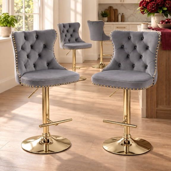 ODUSE-DAILY Gray Velvet Bar Stools Set of 4 - Adjustable Swivel Counter Height Chairs with Tufted Back and Nailhead Trim for Kitchen Island Pub Restaurant (4Pcs, Gold Metal, Grey)