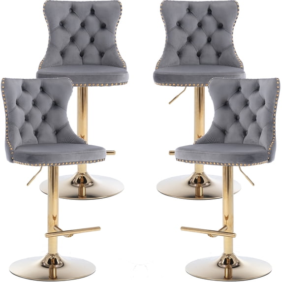 ODUSE-DAILY Gray Velvet Bar Stools Set of 4 - Adjustable Swivel Counter Height Chairs with Tufted Back and Nailhead Trim for Kitchen Island Pub Restaurant (4Pcs, Gold Metal, Grey)