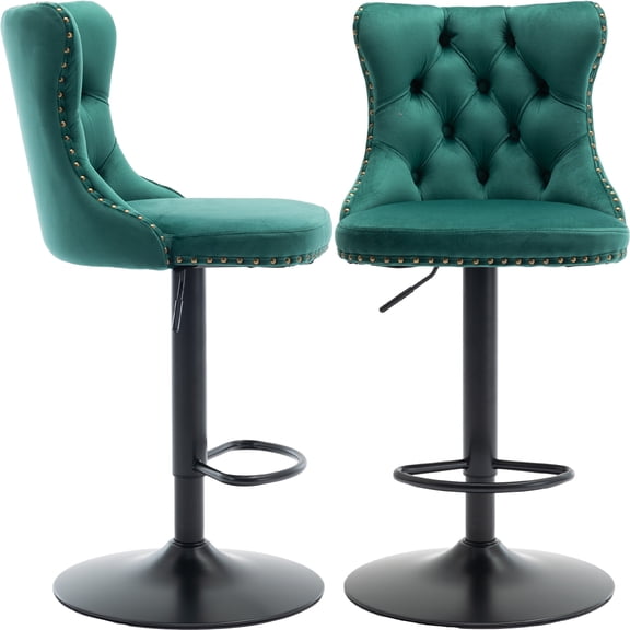 ODUSE-DAILY Green Velvet Bar Stools Set of 2 - Adjustable Swivel Counter Height Chairs with Tufted Back and Nailhead Trim for Kitchen Island (Green, Black Matte Metal, 2 Pcs)