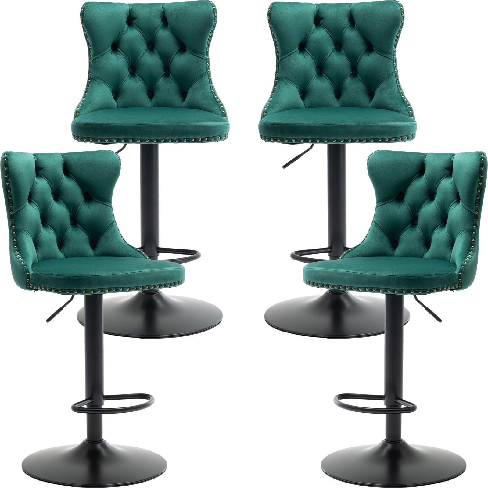 ODUSE-DAILY Green Velvet Bar Stools Set of 4 - Adjustable Swivel ...