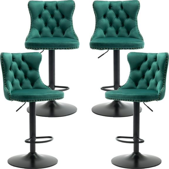 ODUSE-DAILY Green Velvet Bar Stools Set of 4 - Adjustable Swivel Counter Height Chairs with Tufted Back and Nailhead Trim for Kitchen Island (Green, Black Matte Metal, 4 Pcs)