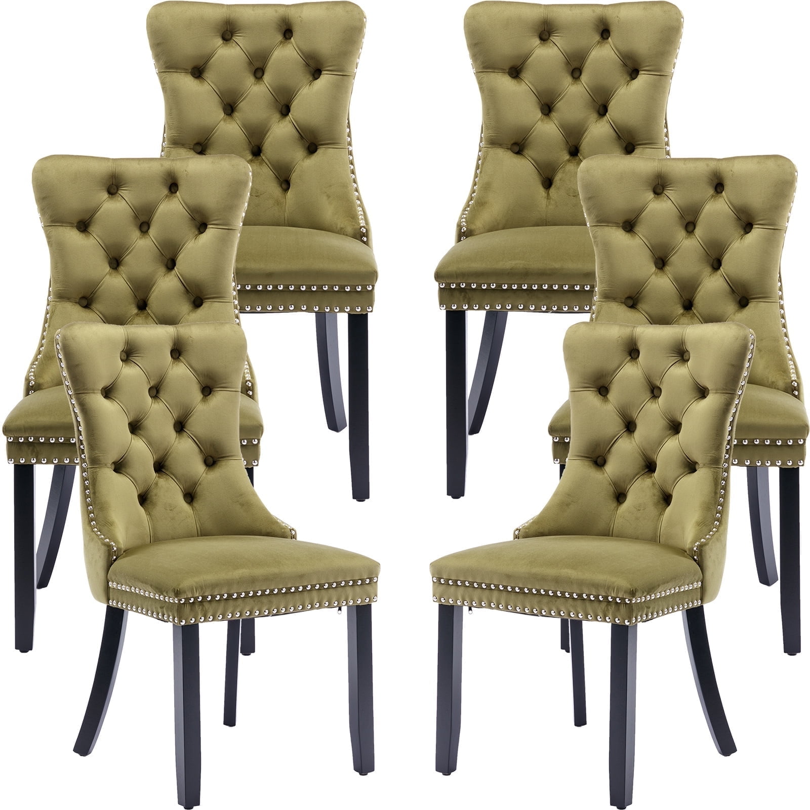 Olive Velvet Upholstered Dining Chairs with Nailhead Trim, Set of 6