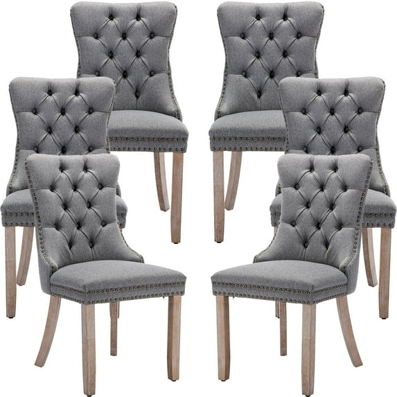 ODUSE-DAILY Grey Linen Dining Chairs Set of 6, Kitchen & Dining Room Chairs, Nailheads Tufted Chair, Sillas De Comedor, Fabric Upholstered, Wood Legs (Gray, 6 Pcs)